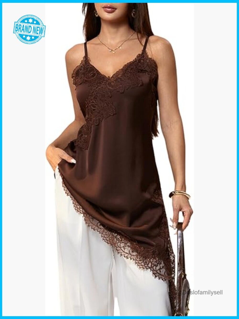 Satin Cami Top Lace Trim Spaghetti Strap V Neck Asymmetrical Y2K Layering